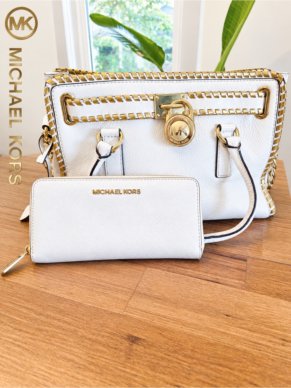 Michael Kors White Leather Satchel with Matching Wallet and Gold Accents